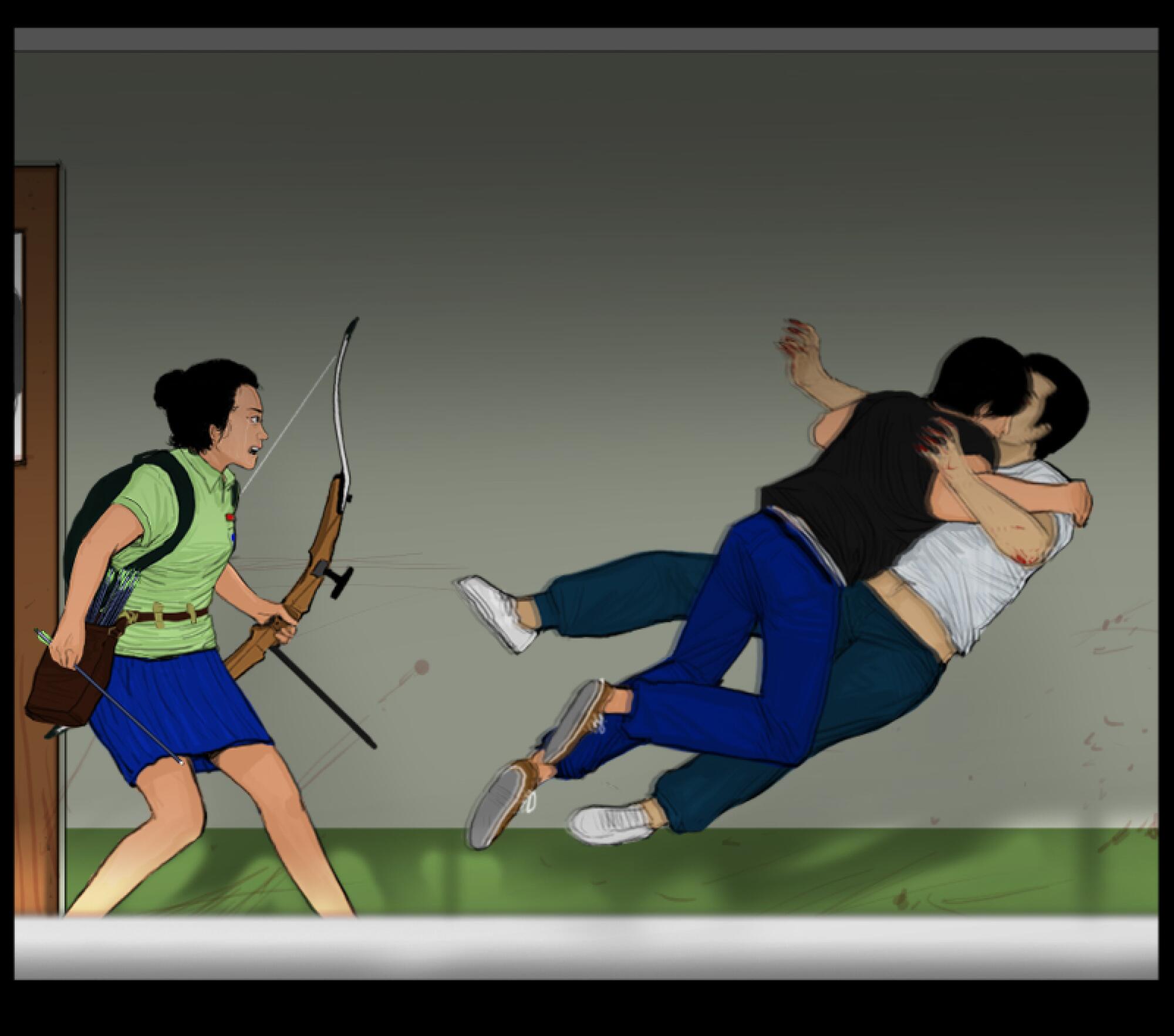A frame from a web comic shows a person with a bow and arrow next to a zombie attacking another person