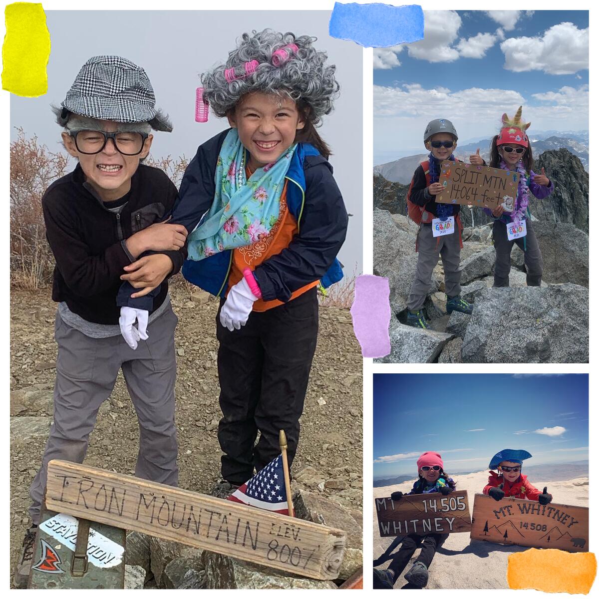 A collage of two youngsters standing with various summit signs.