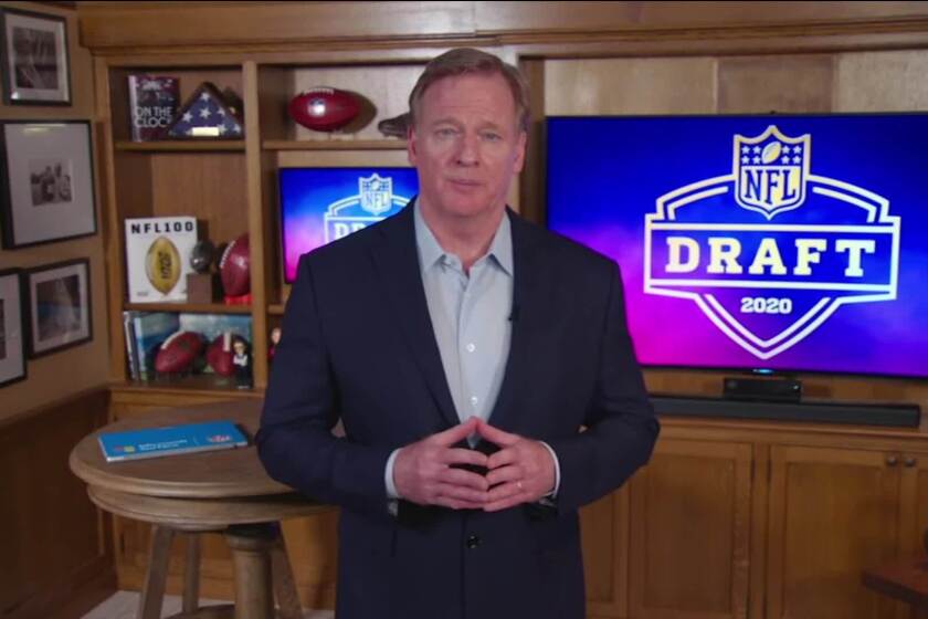 UNSPECIFIED LOCATION - APRIL 23: (EDITORIAL USE ONLY) In this still image from video provided by the NFL, NFL Commissioner Roger Goodell speaks from his home in Bronxville, New York during the first round of the 2020 NFL Draft on April 23, 2020. (Photo by NFL via Getty Images)