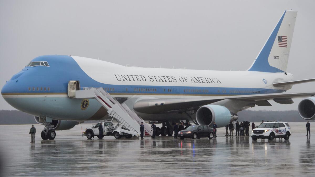 Air Force One, a heavily modified Boeing 747, is seen in Maryland in December 2016. Boeing has won a nearly $600-million contract to begin preliminary design efforts on the next Air Force One aircraft.