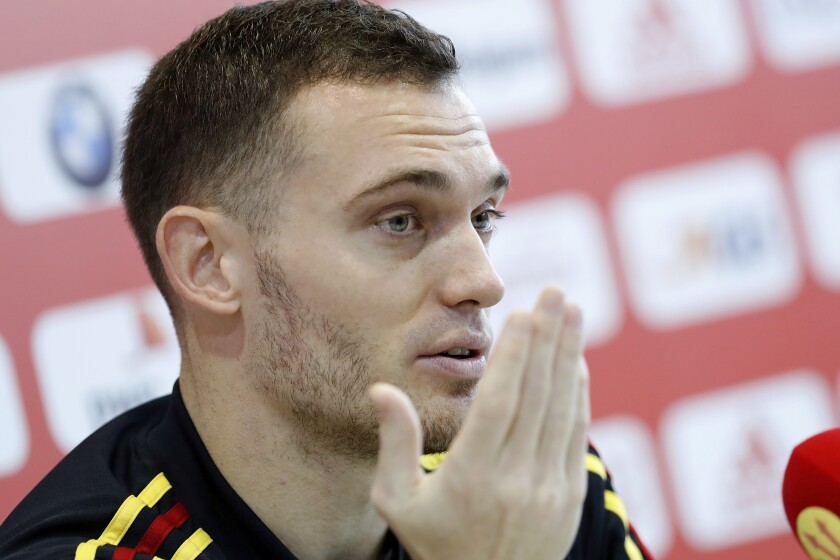 Belgium's Thomas Vermaelen gestures as he answers journalists during a press conference at the 2018 soccer World Cup in Dedovsk, Russia, Sunday, July 8, 2018. Veteran defender Thomas Vermaelen is retiring and joining Belgium's coaching staff as the national team continues to chase a major title, Belgium's soccer federation announced Friday, Jan. 21, 2022. (AP Photo/David Vincent, File)