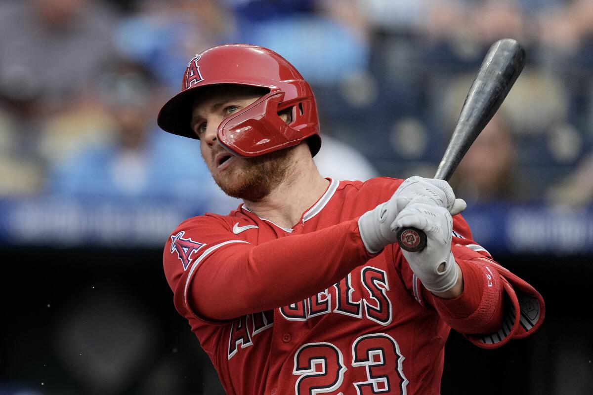The Angels' Brandon Drury bats during the first inning June 16, 2023, in Kansas City, Mo. 