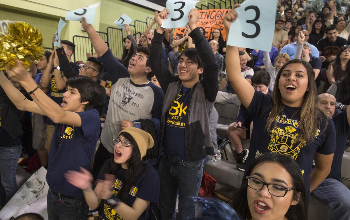 Franklin High School students cheer on their Academic Decathlon team in the "super quiz" portion of the Los Angeles Unified School District decathlon this month. Franklin finished third in the overall competition, which was won by Granada Hills Charter High.