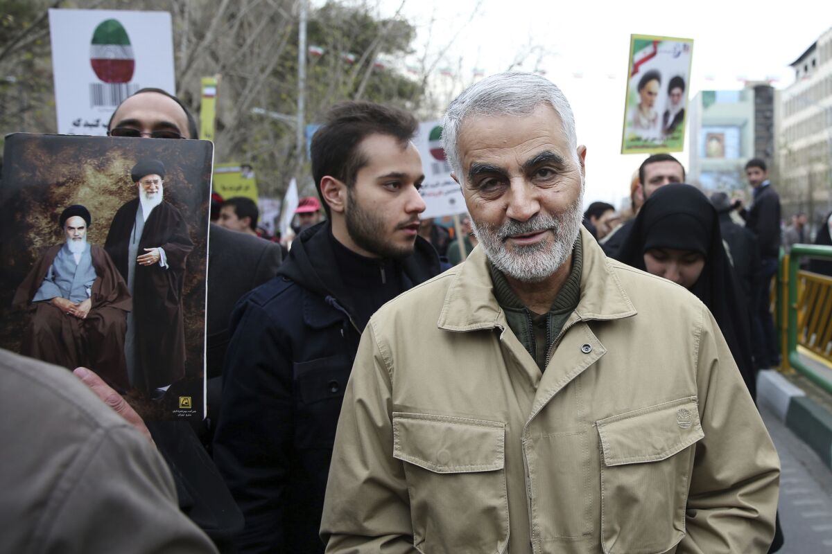 Feb. 11, 2016 photo of Qassem Soleimani, commander of Iran's Quds Force, attending a rally commemorating the anniversary of the 1979 Islamic revolution, in Tehran, Iran.
