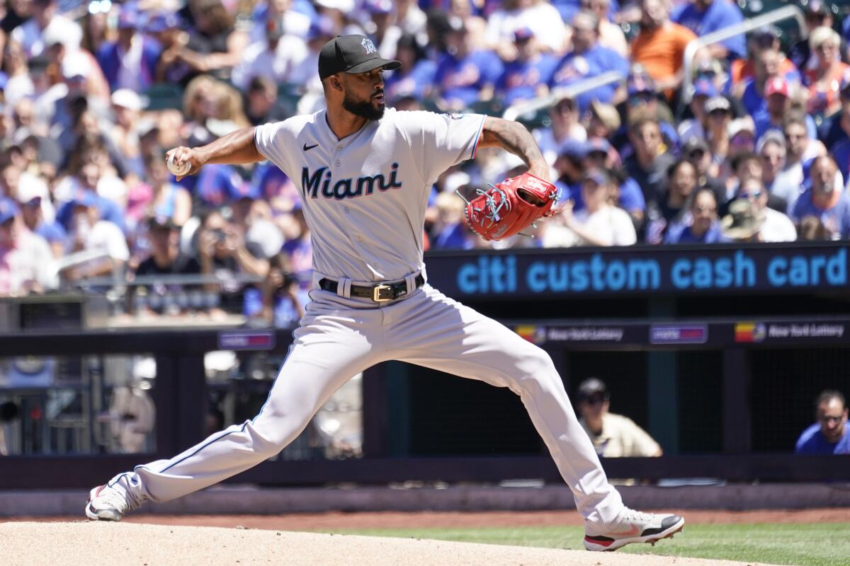 Miami Marlins pitcher Sandy Alcantara delivers against the New York Mets during the first inning of a baseball game, Sunday, July 10, 2022, in New York. (AP Photo/Mary Altaffer)