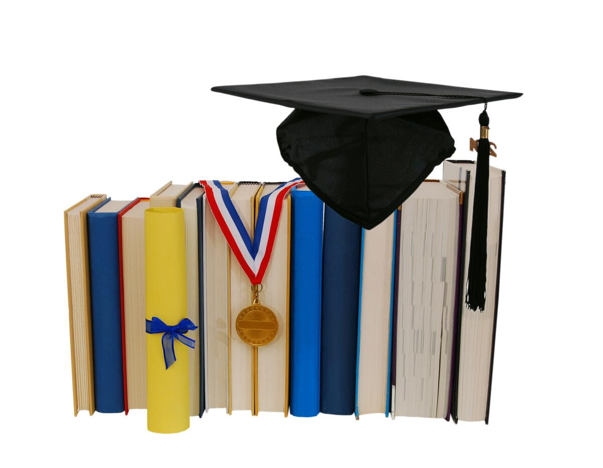 graduation cap, books, diploma