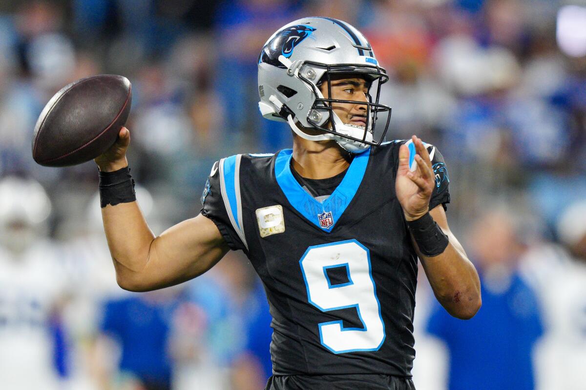 Carolina Panthers quarterback Bryce Young passes against the Indianapolis Colts.