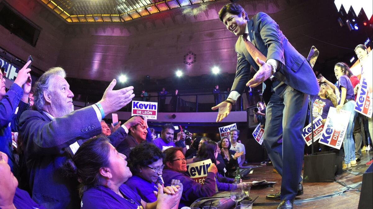 Kevin de León, California state Senate president pro tem and a Democratic candidate for the U.S. Senate, greets supporters after speaking during an election party June 5 in Los Angeles.