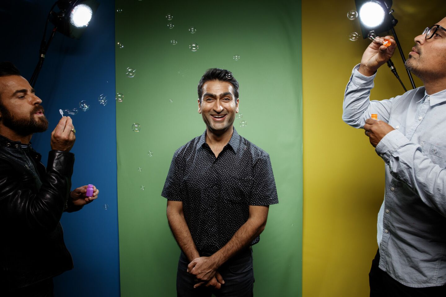 Justin Theroux, Kumail Nanjiani, and Michael Pena, from the film "The Lego Ninjago Movie," photographed in the L.A. Times photo studio at Comic-Con 2017.