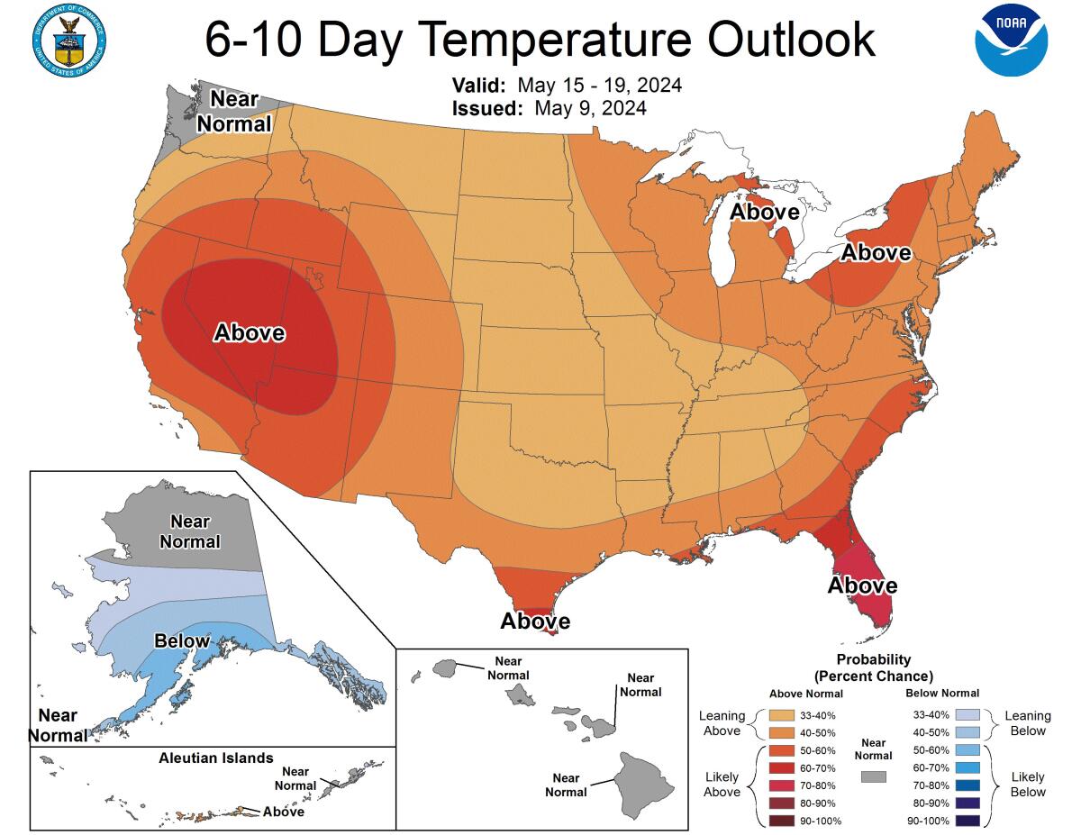 The six- to 10-day temperature outlook from the National Oceanic and Atmospheric Administration, valid from May 15 to 19.