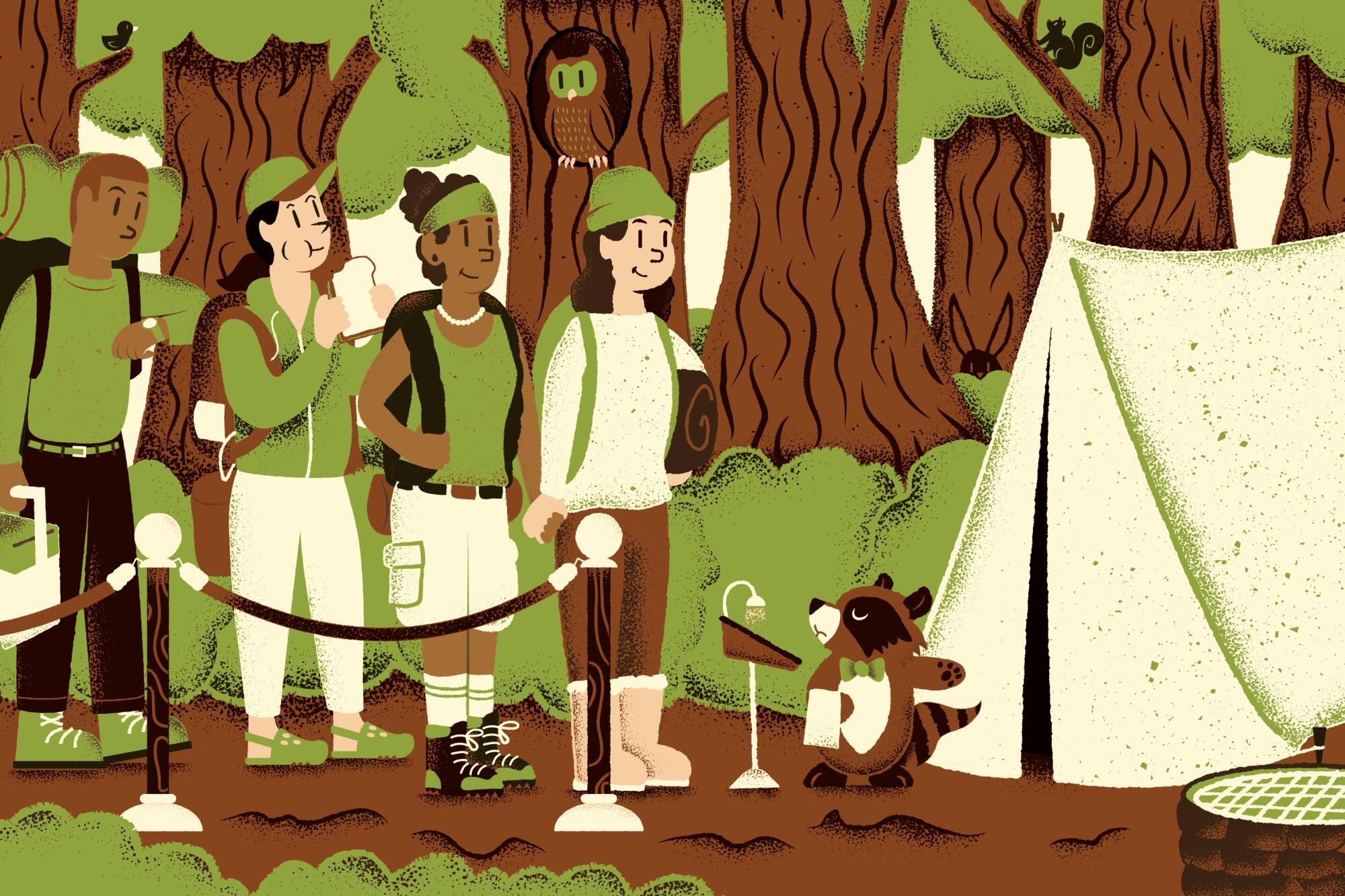 Cartoon illustration of a line of campers waiting in for a camp site, standing next to a tent and a raccoon pointing at it