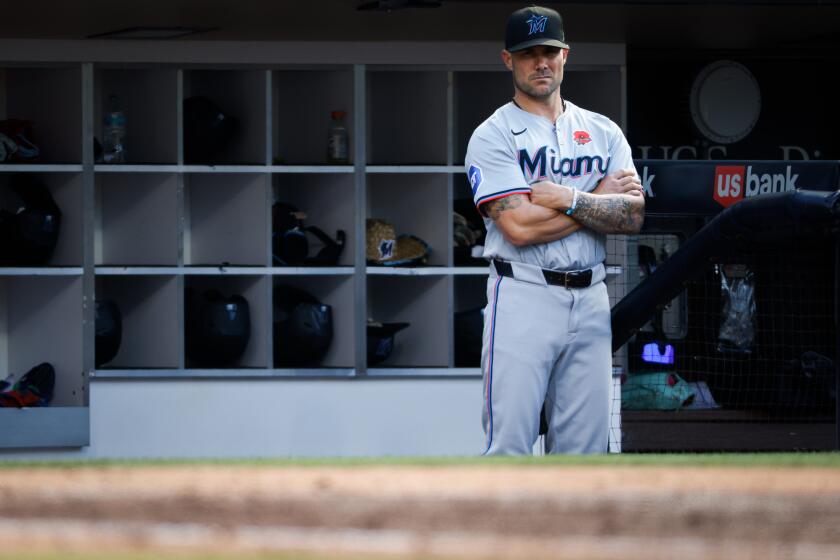 San Diego, CA - May 27: Miami Marlins manager Skip Schumaker (45) in the dugout during their game against the San Diego Padres at Petco Park on Monday, May 27, 2024 in San Diego, CA. (Meg McLaughlin / The San Diego Union-Tribune)