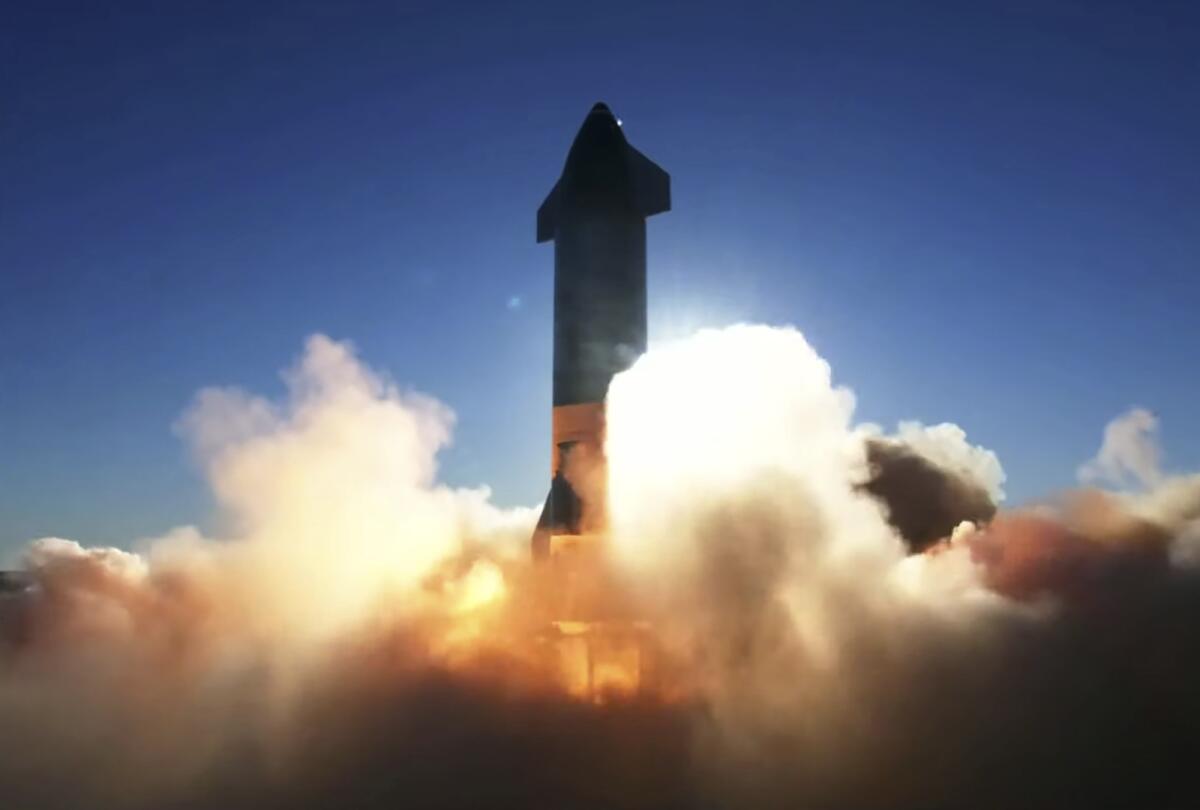 In this screen grab from video posted by SpaceX, the company's Starship launches for a test flight.