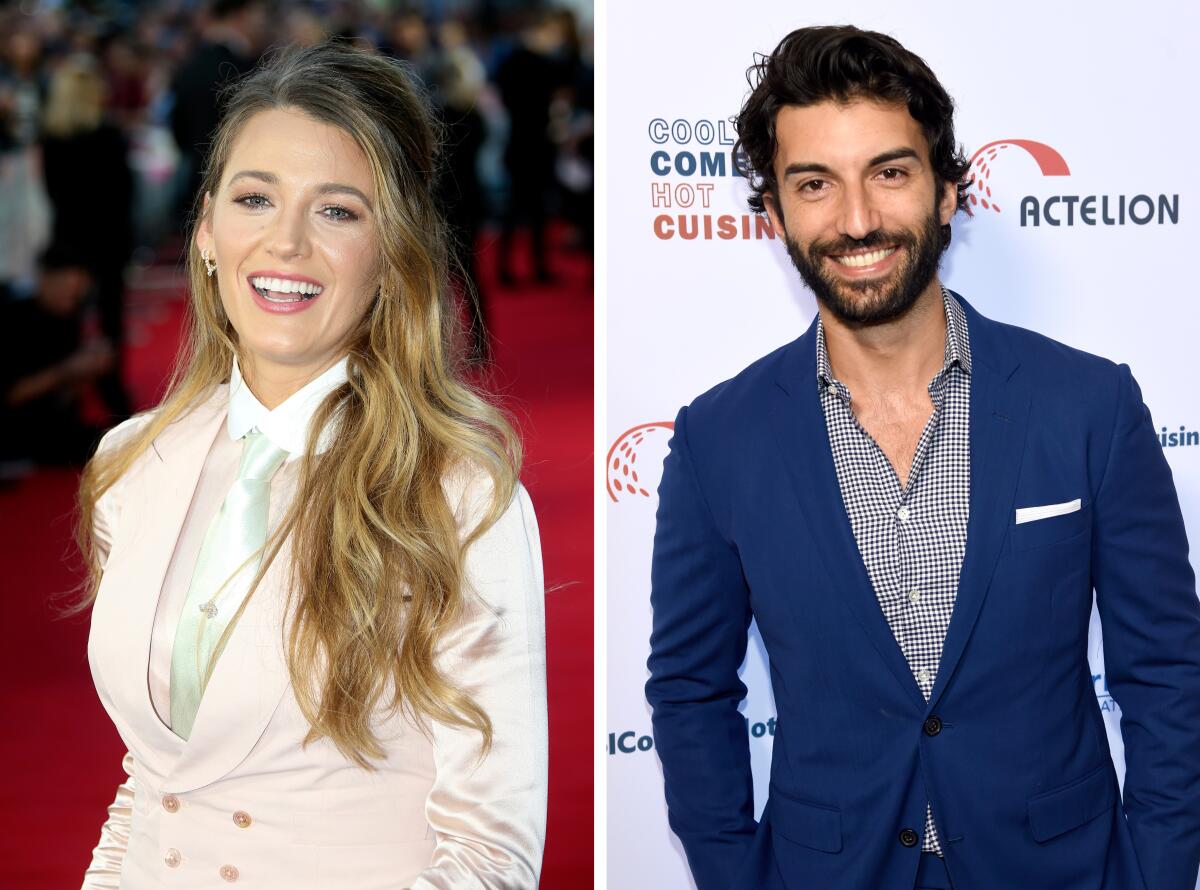 Left: Blake Lively wears a pale pink suit and smiles. Right: Justin Baldoni wears a plaid shirt with blue blazer and smiles 