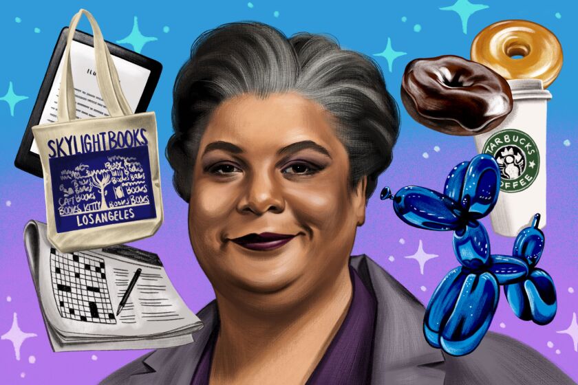 Portrait of Roxane Gay with a Kindle, a Skylight Books tote bag, a crossword puzzle, donuts, a Starbucks cup, and a blue Jeff Koons balloon dog