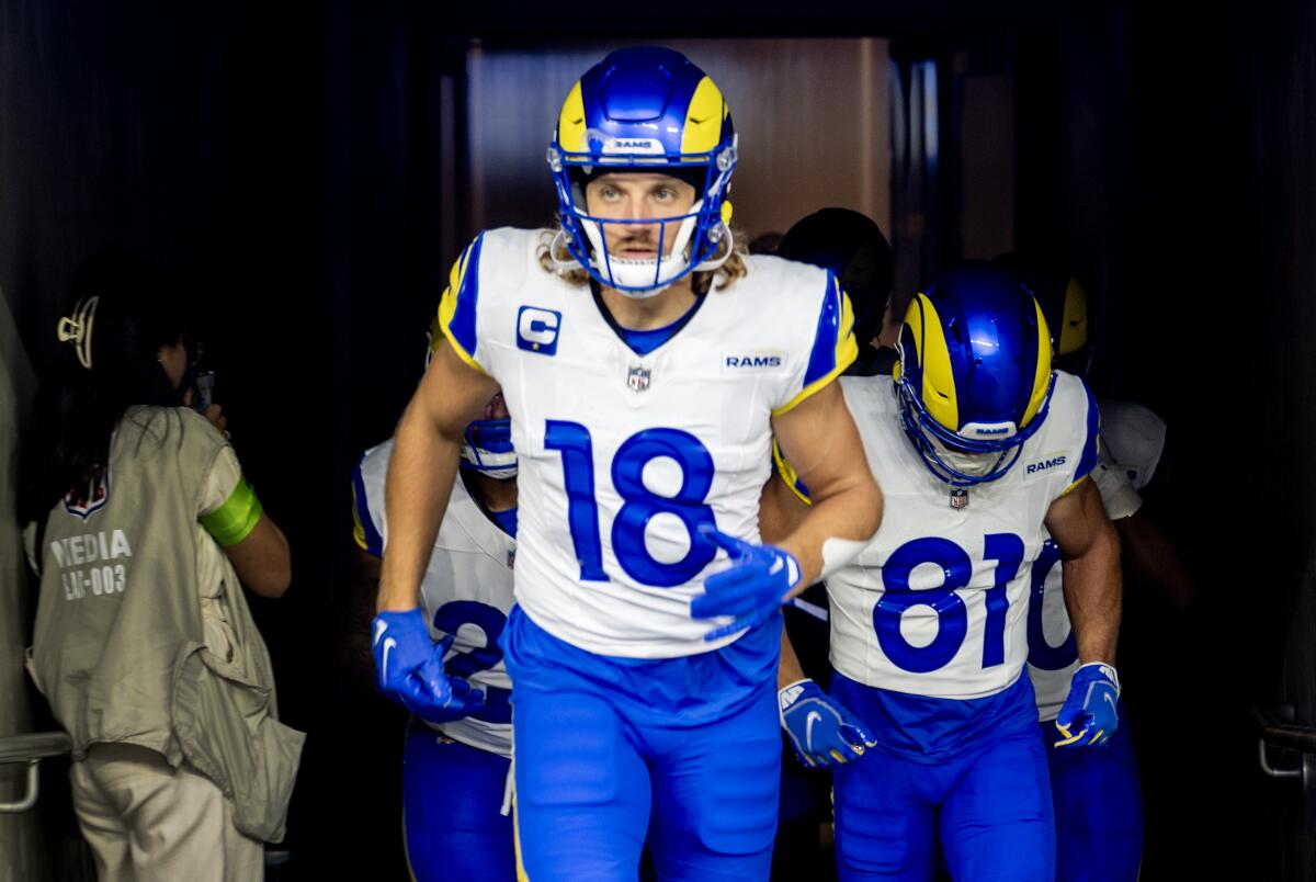 Rams wide receiver Ben Skowronek runs on to the field before a game against the San Francisco 49ers.