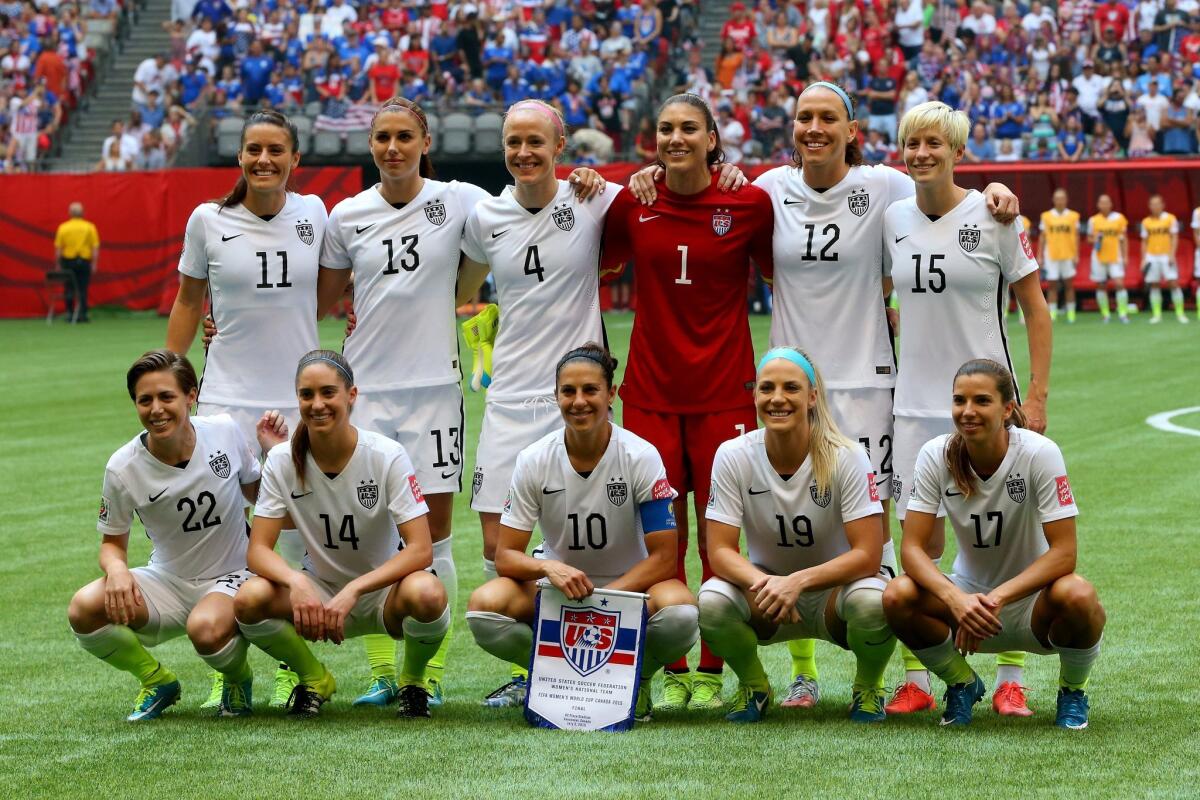 The United States poses for a team photo before taking on Japan in the FIFA Women's World Cup Canada 2015 Final at BC Place Stadium on July 5, 2015 in Vancouver, Canada.