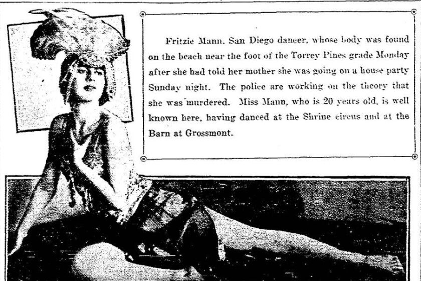 Fritzie Mann's death was reported on the front page of The San Diego Union, Wednesday, Jan. 17, 1923.
