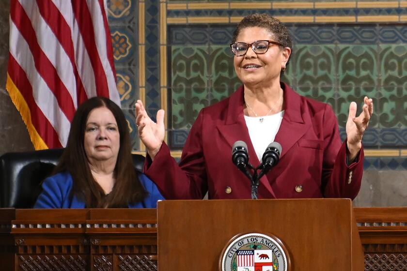 Los Angeles, CA - April 17: Los Angeles Mayor Karen Bass delivers her state of the city address at Los Angeles City Hall on Monday, April 17, 2023 in Los Angeles, CA. (Wally Skalij / Los Angeles Times)