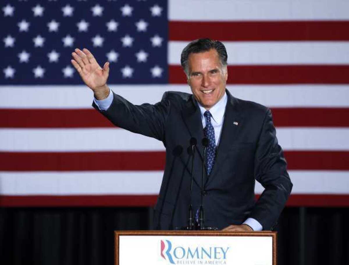 Mitt Romney declares victory in the Wisconsin presidential primary at the Grain Exchange in Milwaukee.