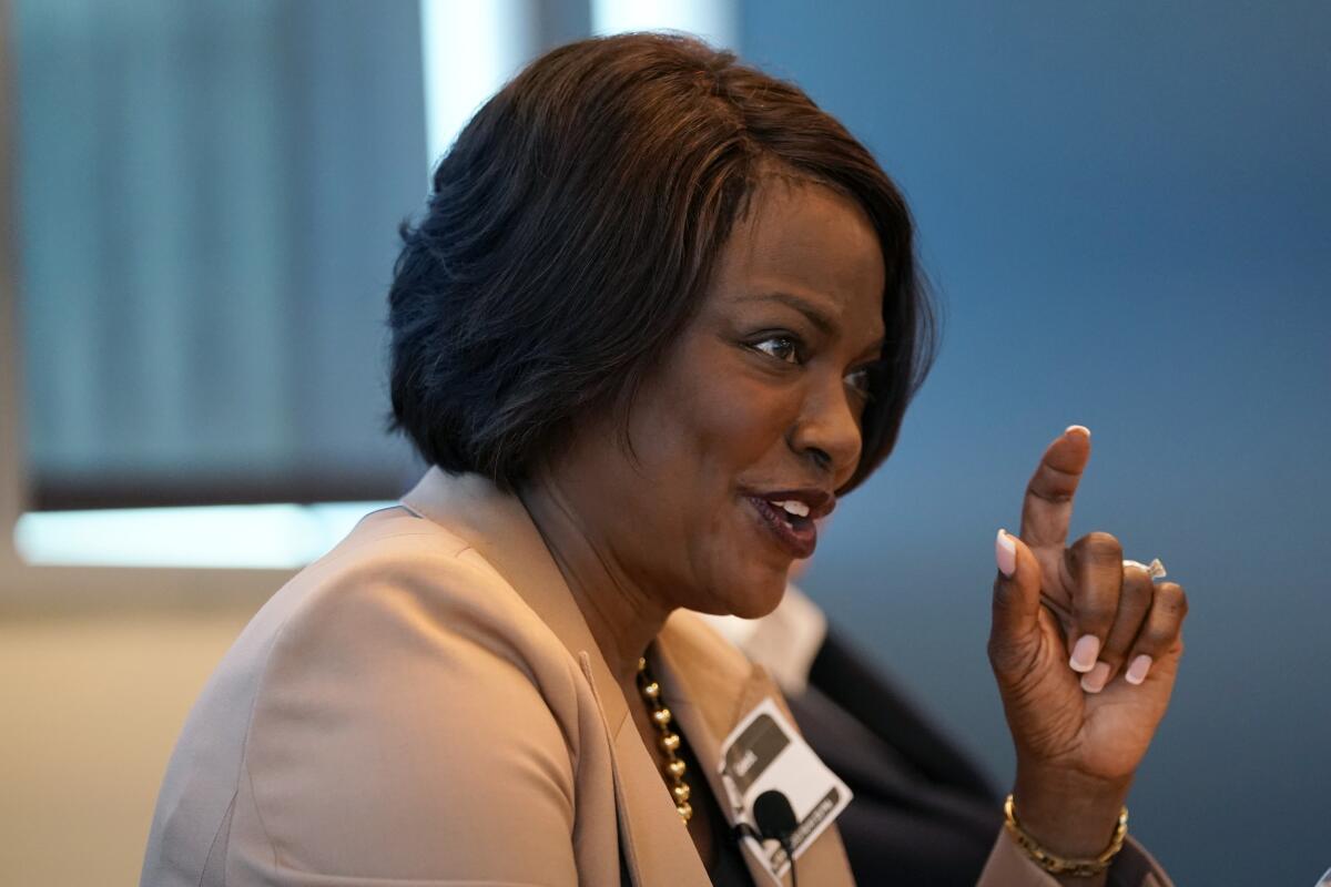 Rep. Val Demings of Florida sits and gestures during an appearance in Miami. 