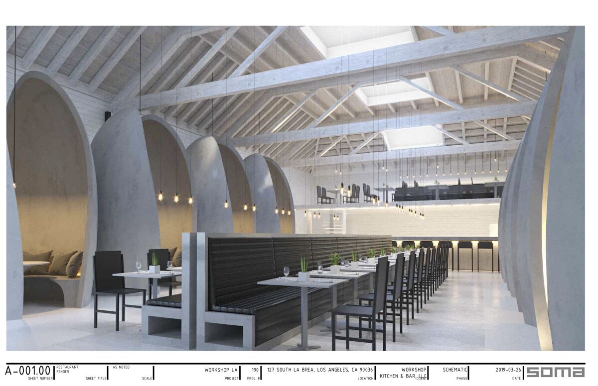 A rendering of the dining room of the L.A. incarnation of Workshop Kitchen & Bar, featuring concrete and minimalist design.