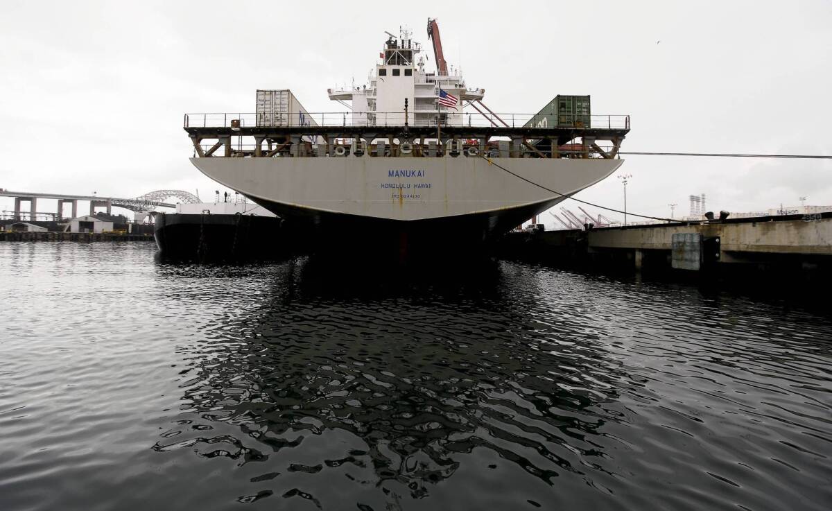 In January, California mandated that cargo ships visiting the state’s major ports turn off diesel engines and use onshore electricity at least 50% of the time when docked. Above, a ship at the Port of Long Beach uses onshore electricity.