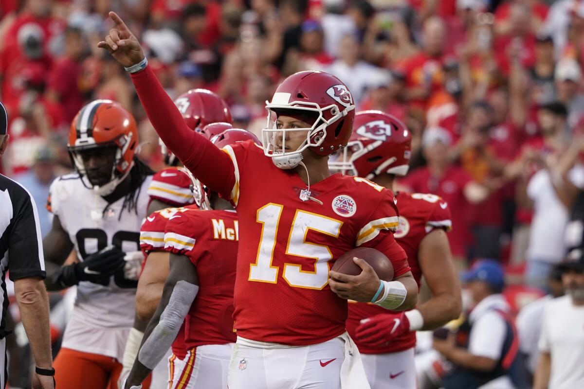 Kansas City Chiefs quarterback Patrick Mahomes celebrates after the final whistle in an NFL football game against the Cleveland Browns Sunday, Sept. 12, 2021, in Kansas City, Mo. (AP Photo/Ed Zurga)