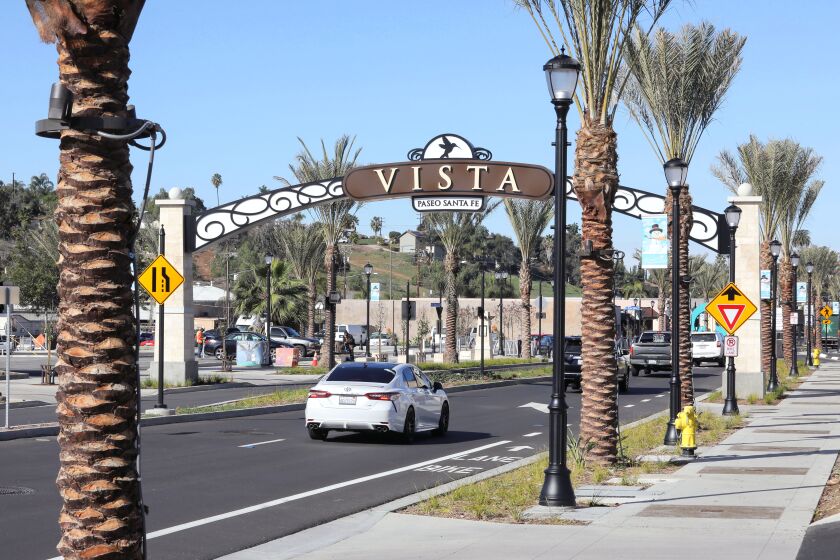 January 28, 2021, Vista, California_USA_| An arch stands over the south end of the recently renovated section S. Santa Fe Avenue near Pala Vista Drive. |_Photo Credit: Photo by Charlie Neuman