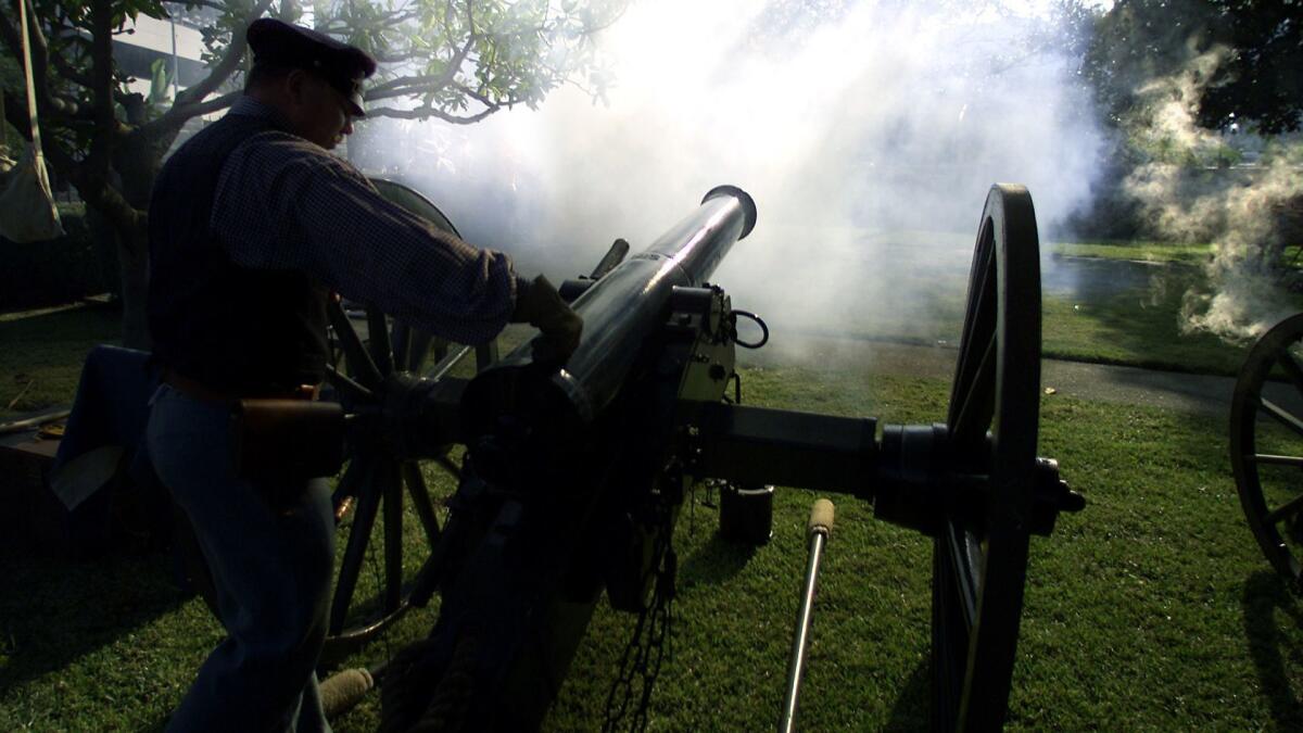 The smoky aftermath of a cannon firing at the 154th anniversary of the signing of the Campo de Cahuenga Treaty on January 13th, 1847, which ended the Mexican-American War in California.