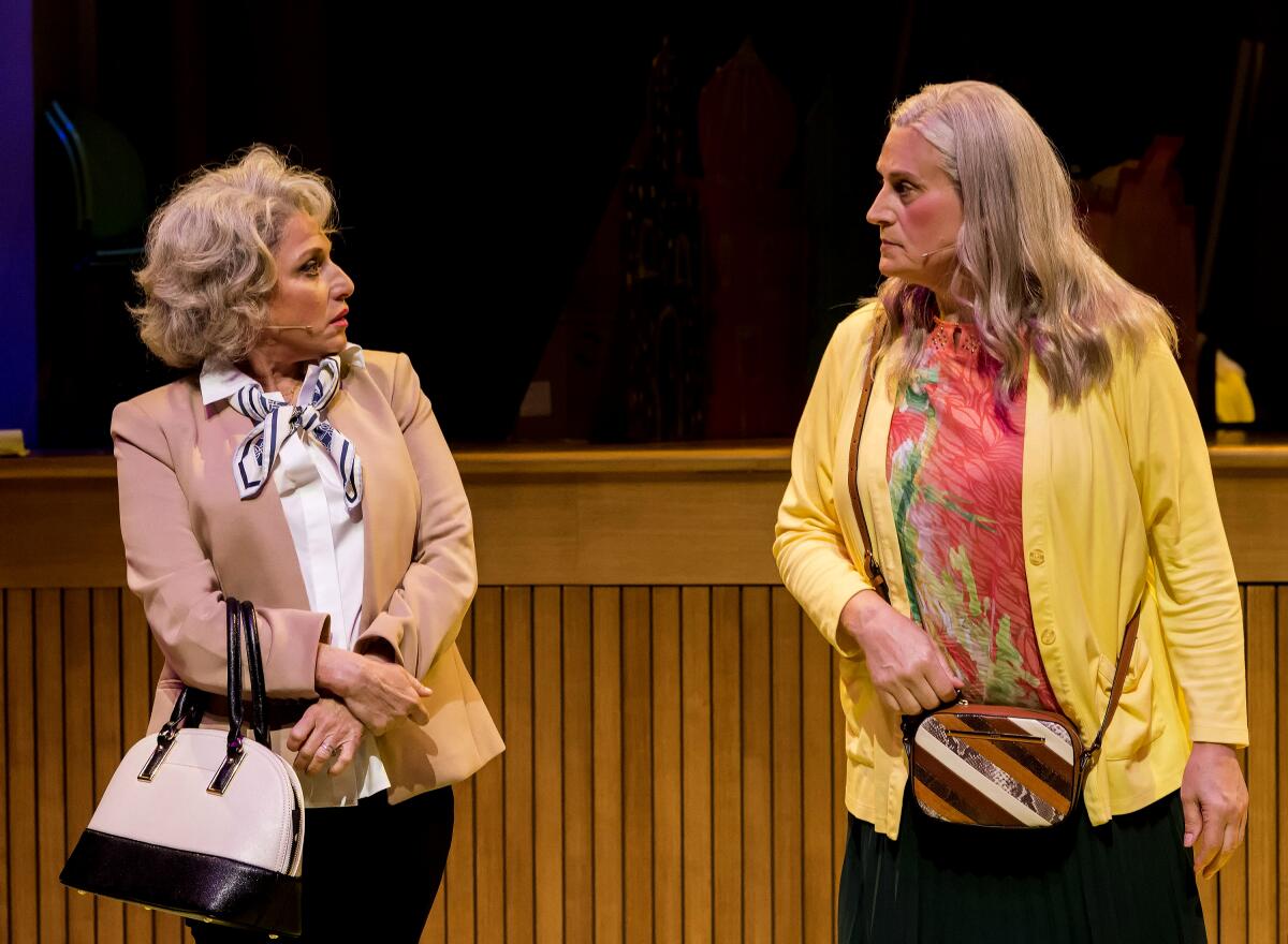 Liz Larsen and Daya Curley wearing a blazer and a yellow sweater respectively perform a scene on stage.