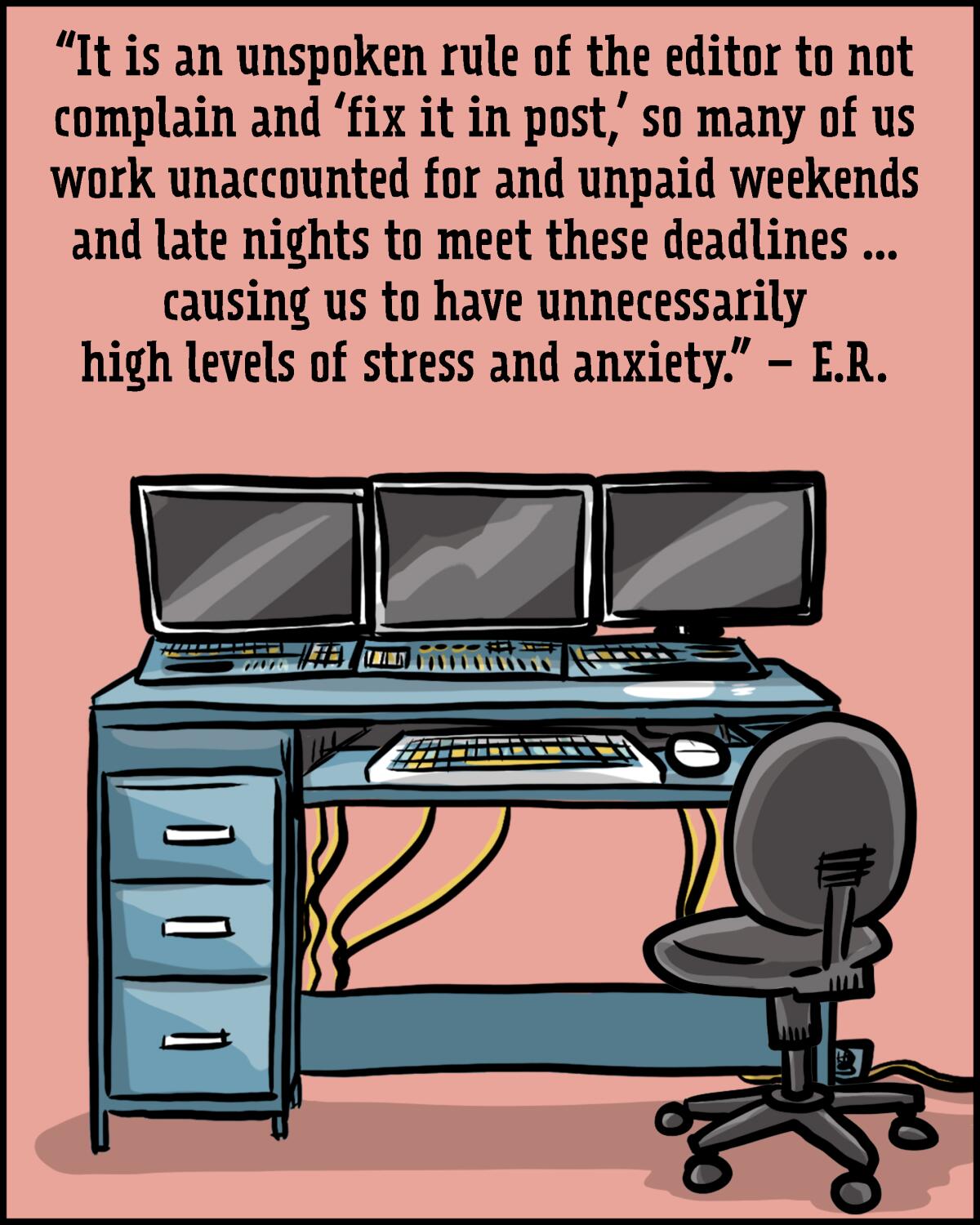 An illustration of three computer monitors on a desk with a chair that's empty. 