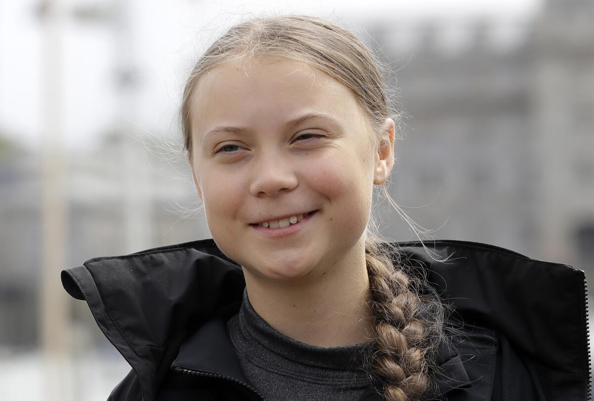 Climate change activist Greta Thunberg speaks a news conference in Plymouth, England, on Aug. 14.