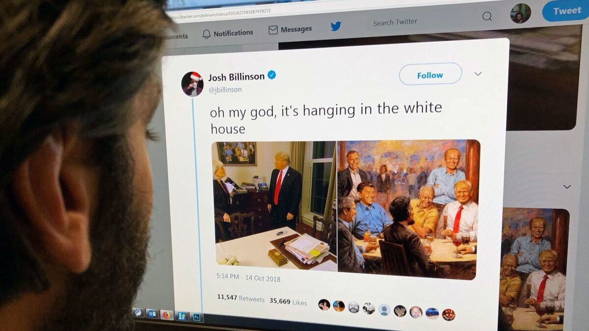 An editor looks at the Twitter feed of Josh Billinson showing the painting by Andy Thomas entitled, "The Republican Club," beside a screenshot of the painting seen in the White House during a "60 Minutes" interview with President Trump that aired Oct. 14.