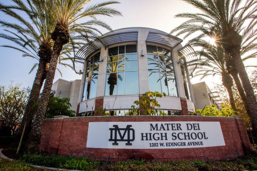 An exterior view of Mater Dei High School in Santa Ana on Thursday, Dec. 2, 2021.