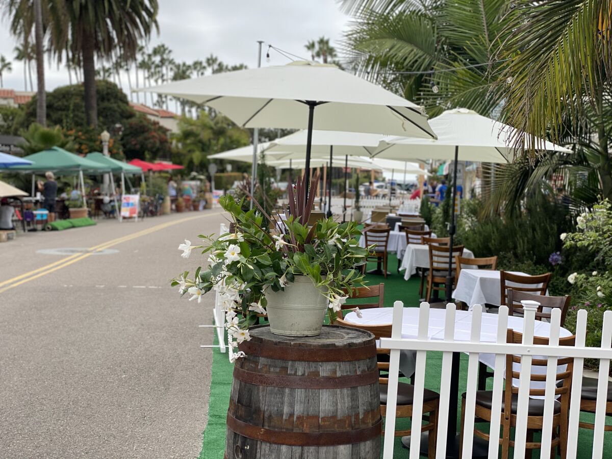 Restaurants in La Jolla Shores have decorated their outdoor seating areas along Avenida de la Playa.