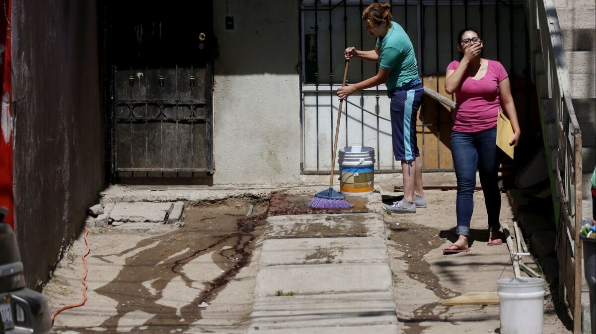 A woman washes blood from the driveway where her husband was shot and killed in Tijuana in April 2017.