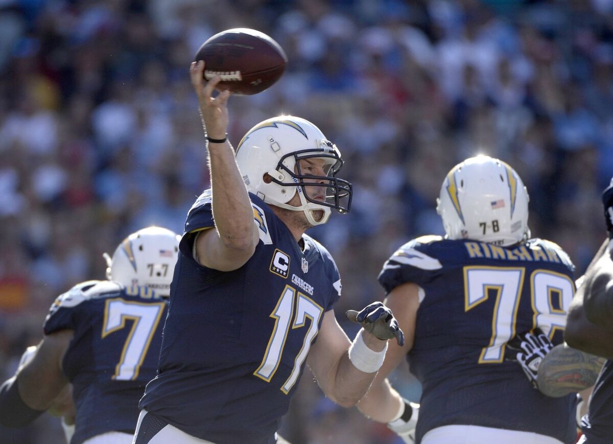 San Diego Chargers quarterback Philip Rivers throws a pass against the Kansas City Chiefs at Qualcomm Stadium.