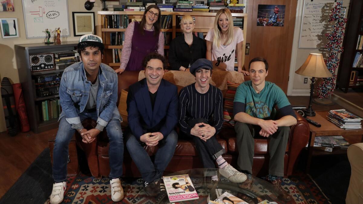 The cast of the CBS television series "The Big Bang Theory," on the set at Warner Brothers Studios. Left to right are - Kunal Nayyar, Mayim Bialik, Johnny Galecki, Melissa Rauch, Simon Helberg, Kaley Cuoco and Jim Parsons.