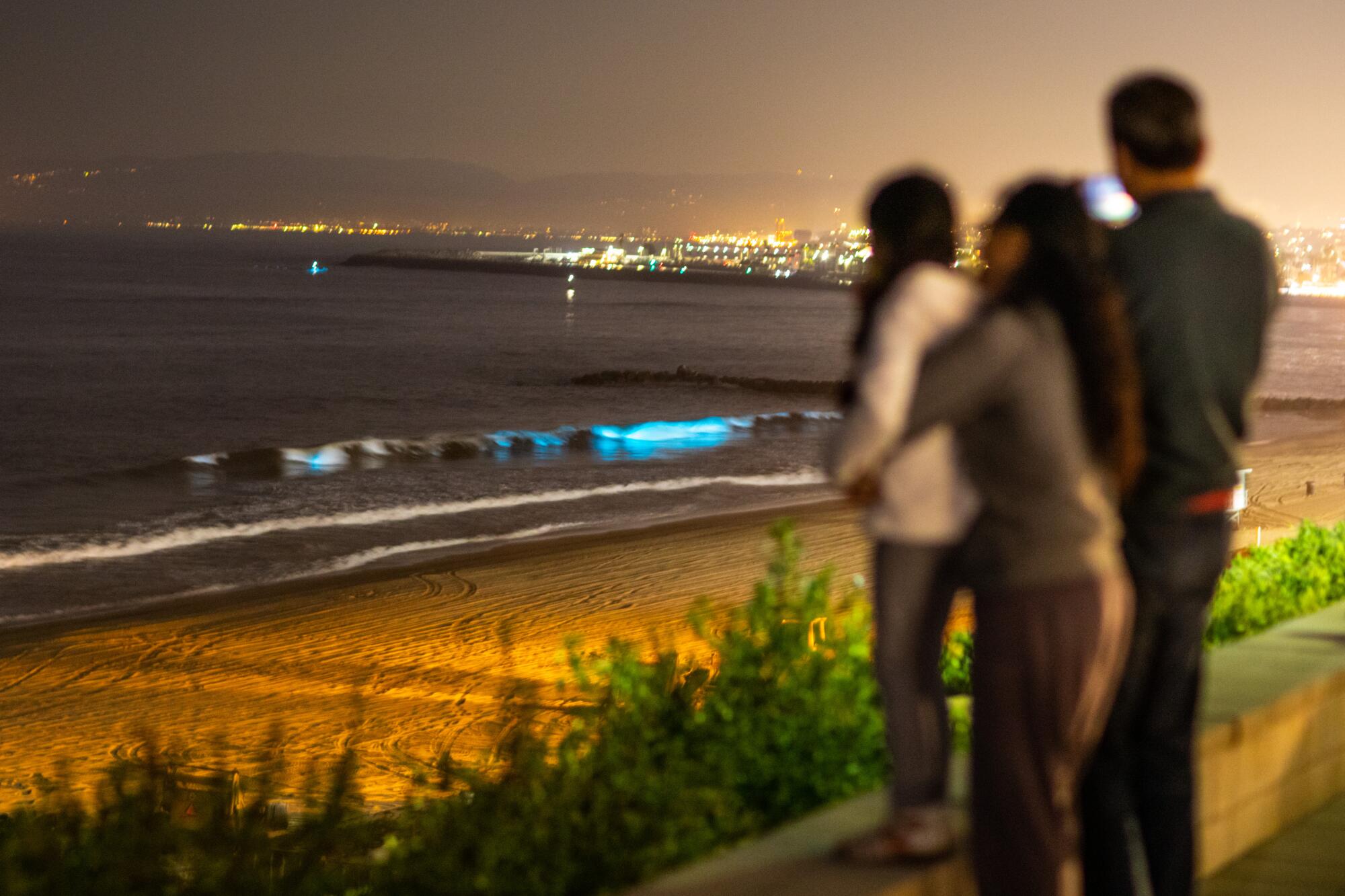 People lined up along the Esplanade with hopes of witnessing the blue bioluminescent waves glowing off the coast of Redondo Beach