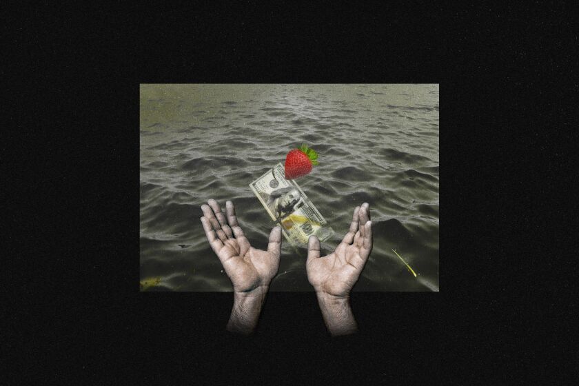 Hands underneath water with a strawberry above