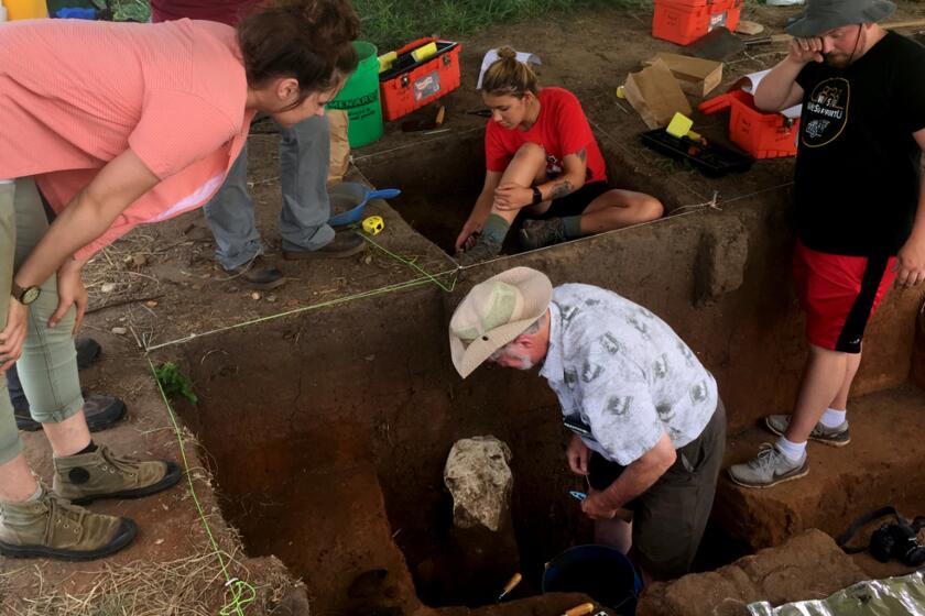 Professor Donald Blakeslee in one of the pits being excavated in Arkansas City. Joan Bayles watched Blakeslee while Kacie Larsen digs nearby.