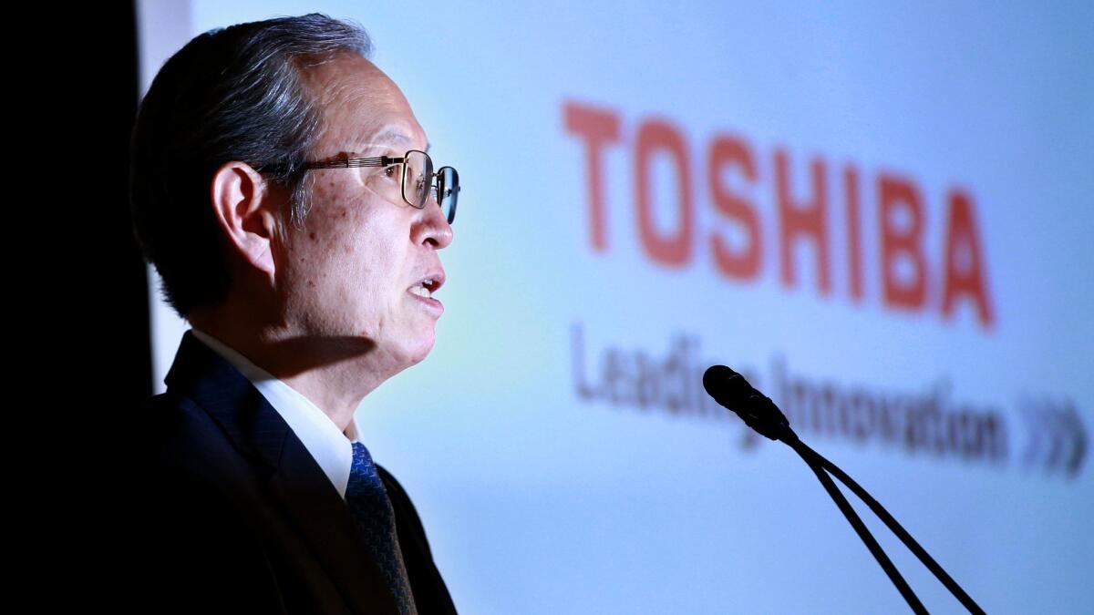Toshiba Corp. President Satoshi Tsunakawa speaks during a news conference at the company's headquarters in Tokyo on Tuesday.