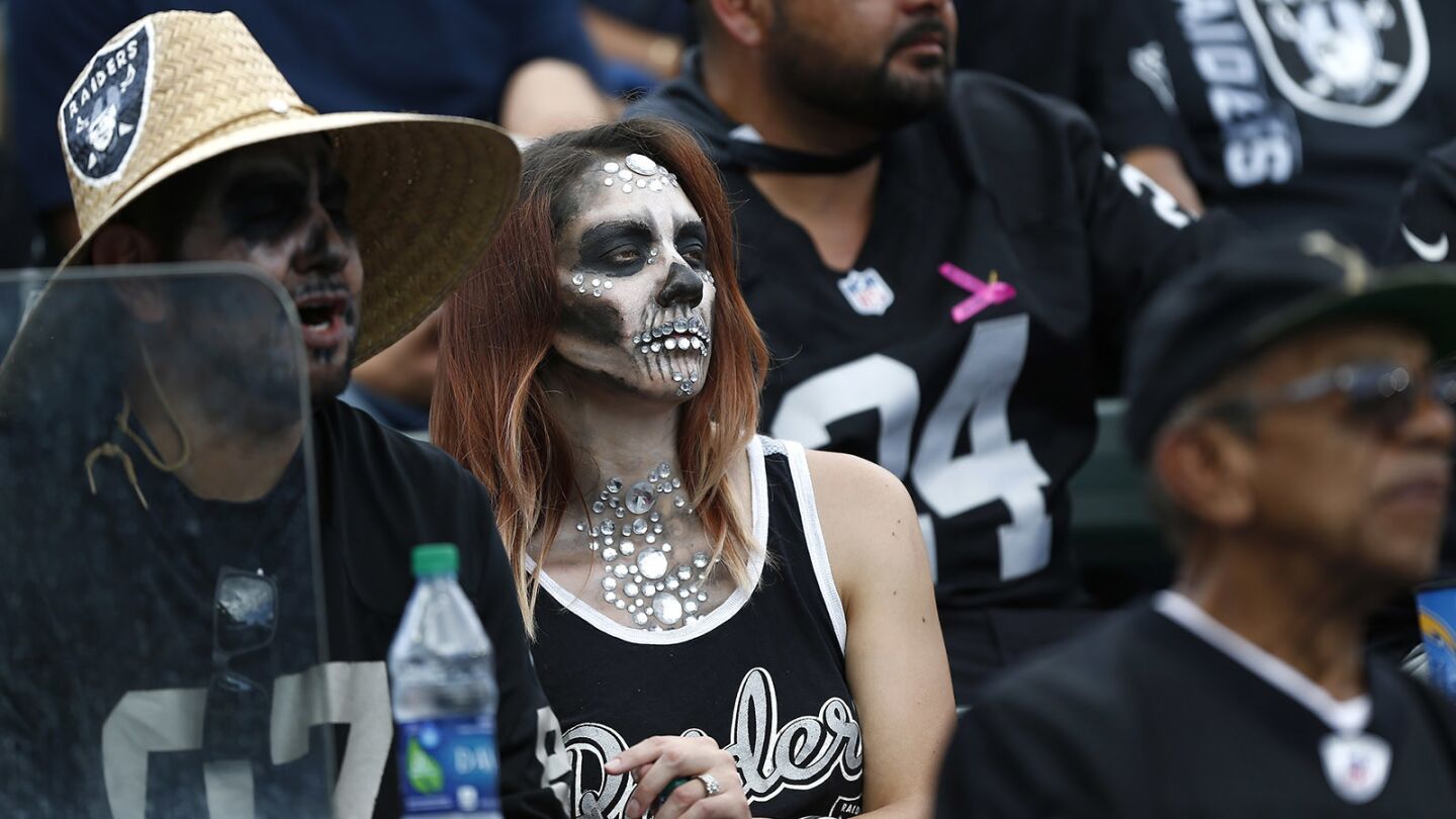 Oakland Raiders fans look on during a game against the Chargers at the StubHub Center in Carson on Oct. 7, 2018. (Photo by K.C. Alfred/San Diego Union-Tribune)