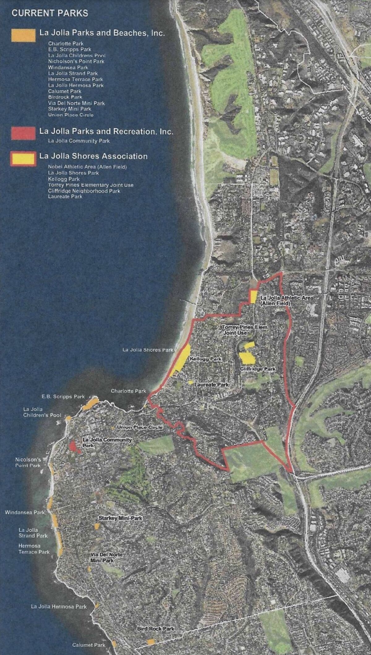 This 2011 map, included with the 2016 La Jolla Parks & Beaches bylaws, led to confusion about the group's purview.