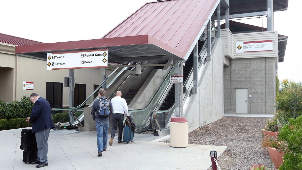 The escalators that are part of the route to rental cars at Hollywood Burbank Airport.