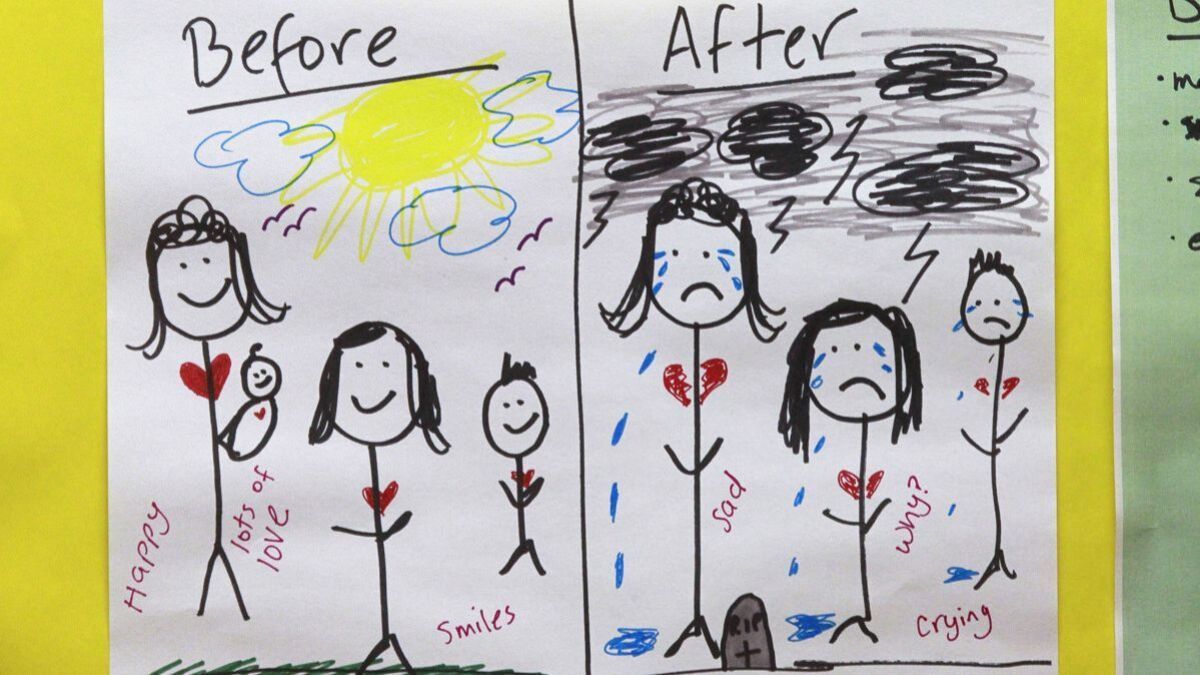 One of the "Before/After" drawings created during group grief therapy meetings at The Elizabeth Hospice Children's Bereavement Center in Escondido.