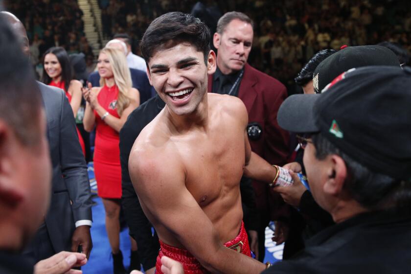 Ryan Garcia celebrates after defeating Romero Duno in a lightweight boxing bout Saturday, Nov. 2, 2019.