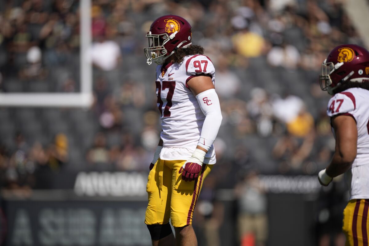 USC defensive lineman Jacob Lichtenstein stands on the field during a win over Colorado on Oct. 2.