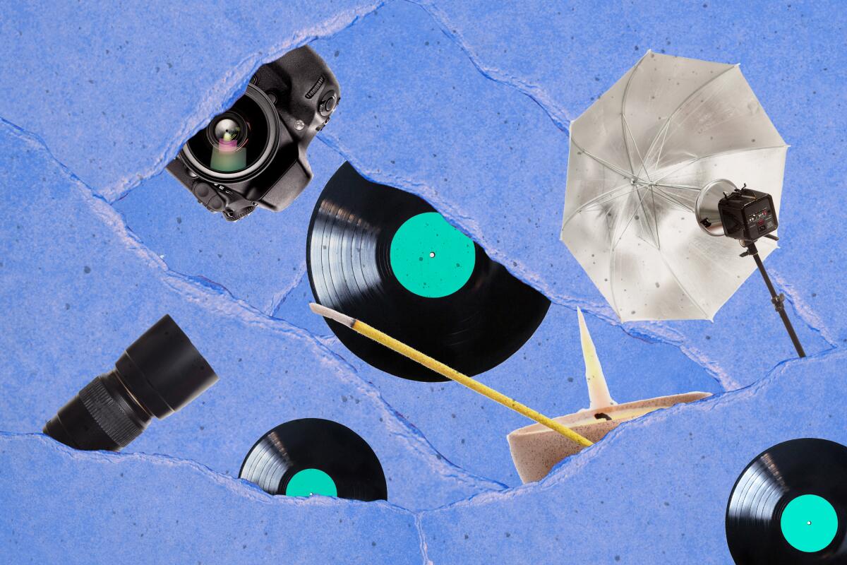 A photo collage of a camera, a candle and vinyl records. 